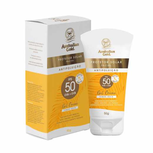 Protetor Solar Australian Gold Antipoluicao gel creme FPS 50 com 50g