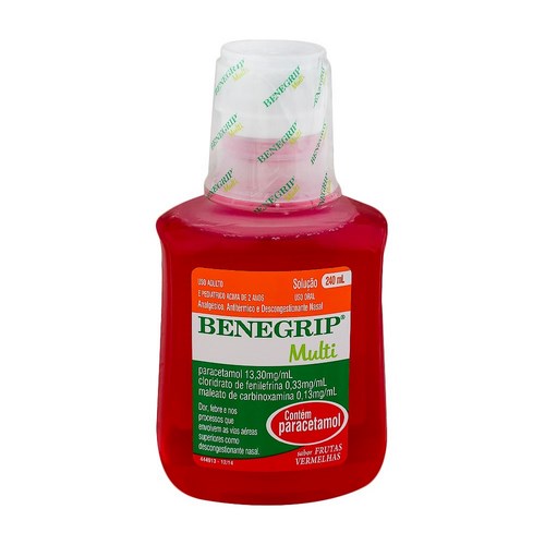 Benegrip Multi 13,30mg/mL + 0,33mg/mL + 0,13mg/mL, caixa com 1 frasco com 240mL de solucao de uso oral