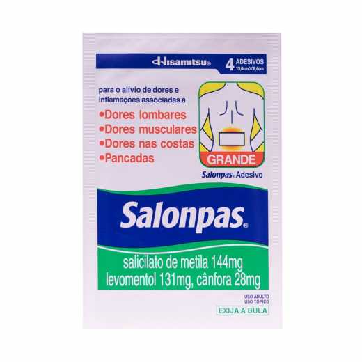 Salonpas Adesivo 144mg + 131mg + 28,4mg, envelope com 4 adesivos transdermicos de 13,0cm x 8,4cm