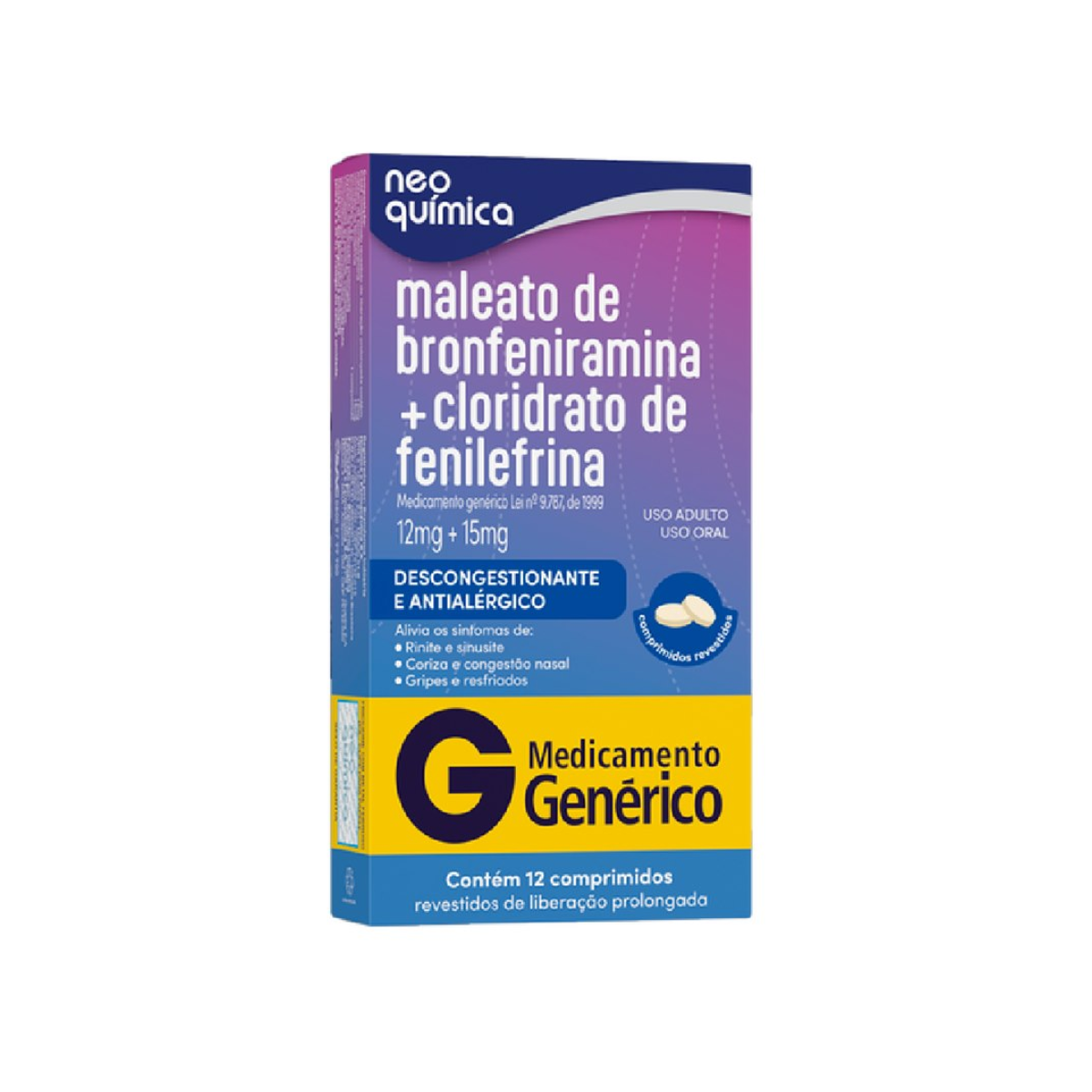 Maleato De Bronfeniramina + Cloridrato De Fenilefrina Neo Quimica 12mg + 15mg 12 Comprimidos