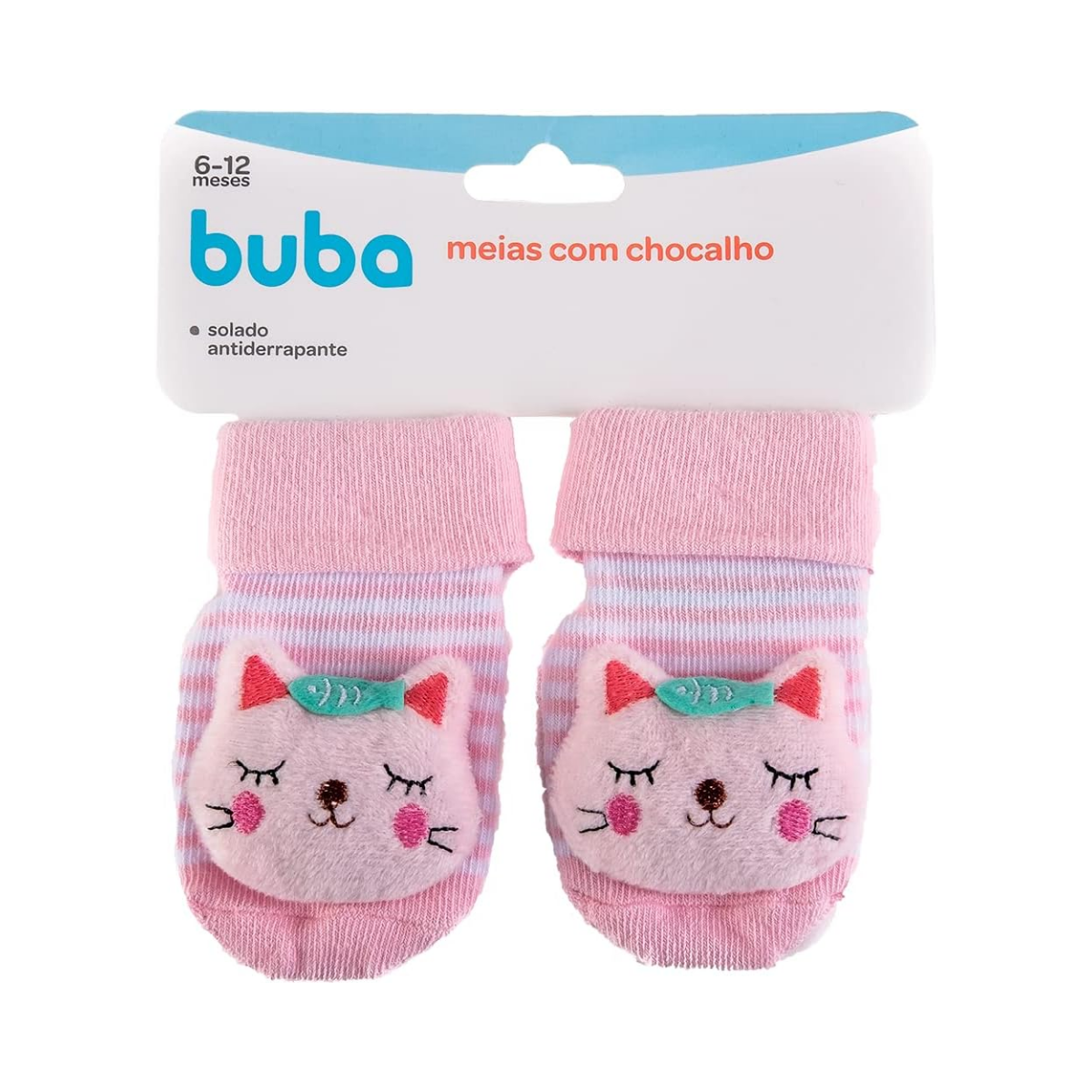 Meia Antiderrapante Com Chocalho Gatinho Rosa 6-12 Meses Buba