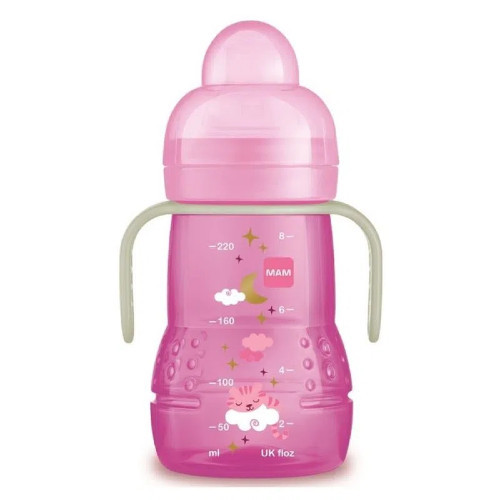 Copo de Transicao MAM Trainer + Night 4+ meses, rosa com capacidade de 220mL